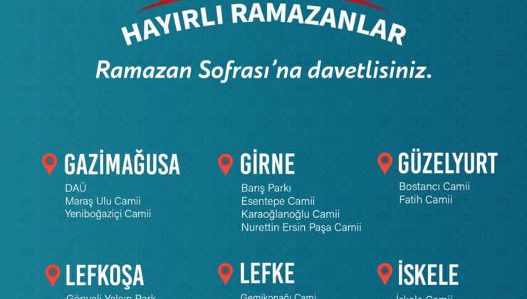 Ramazan Ayı boyunca Lefkoşa, Gazimağusa, İskele, Girne, Güzelyurt ve Lefke’de iftar yemekleri düzenlenecek