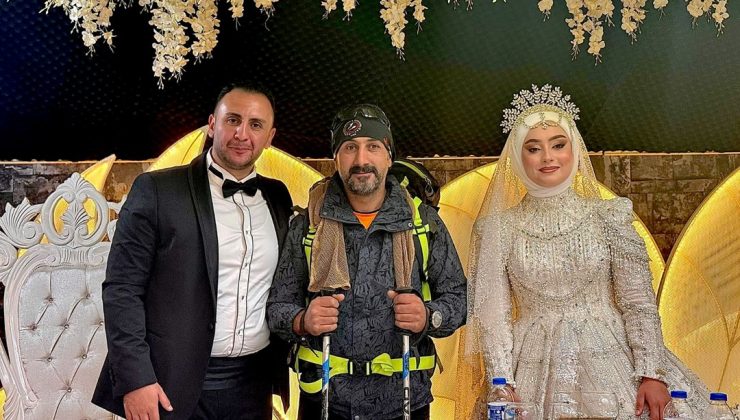 Ağrı Dağı’nın zirvesinden indi, dağcı kıyafetiyle düğüne katıldı