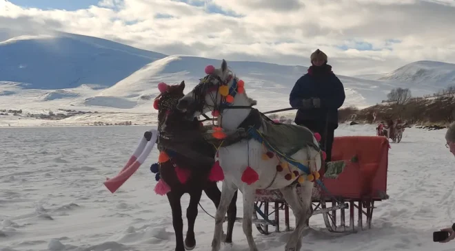 Halay çektiler, atlı kızakla gezdiler. Çıldır Gölü tamamen dondu